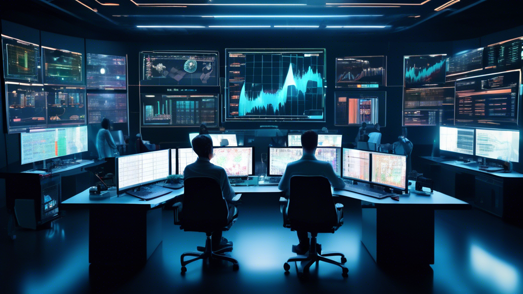 Create an image that features a futuristic control room with multiple high-tech screens displaying various cryptocurrency charts, graphs, and market analysis tools. In the foreground, diverse traders are using these tools, demonstrating different strategies for trading and investing in the volatile crypto market. The scene should convey a sense of complexity and modernity, highlighting the risks and resources involved in navigating crypto financial markets.