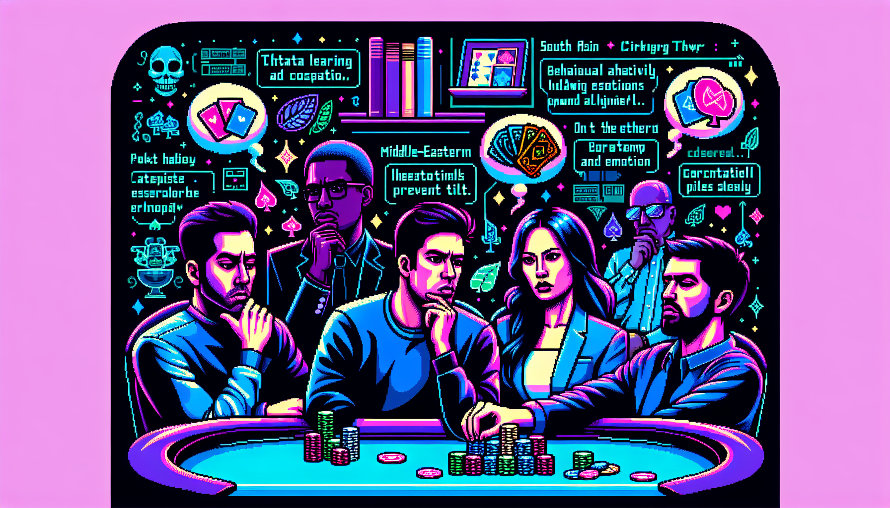 DALL-E prompt: Create an image of a poker table with players deep in thought, showing intense focus and observation. One player is subtly reading another player