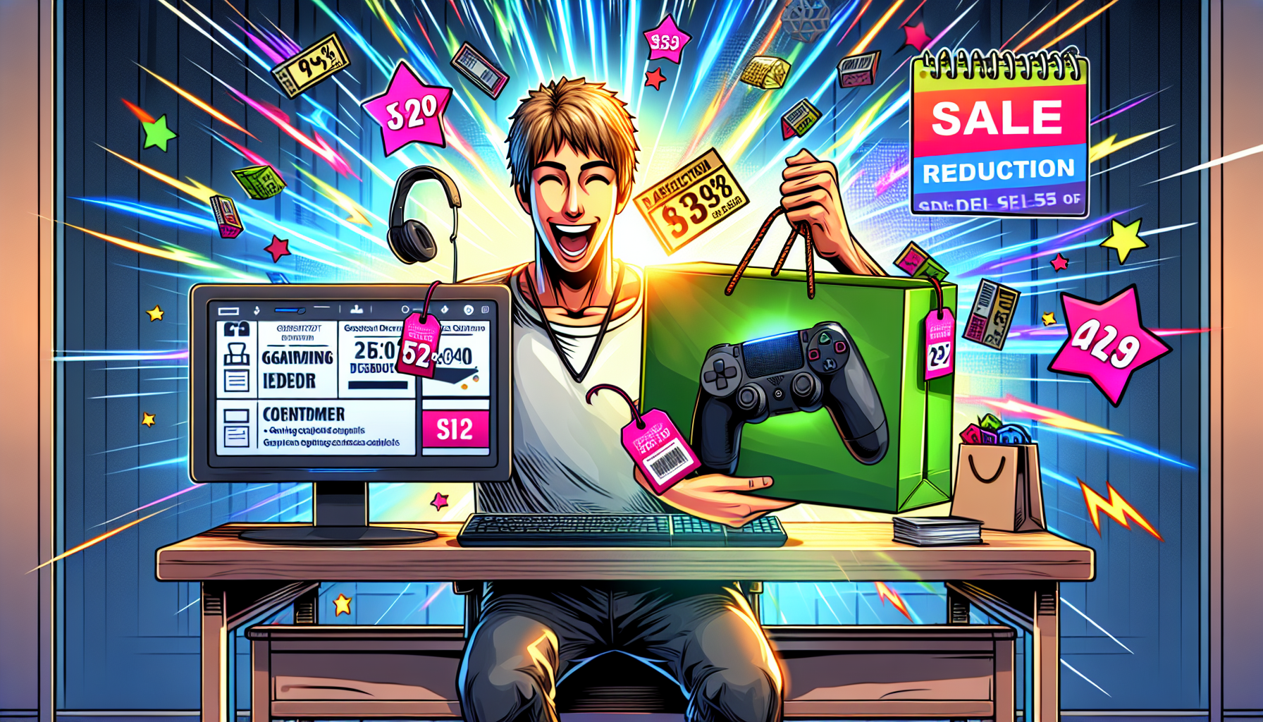 Create an illustration of a cheerful gamer surrounded by a light-filled room on Black Friday. They are excitedly holding a PS4 console with a price tag showing a substantial discount. Visible on a computer screen nearby are alerts for price drops, countdown timers for special sales events, and notifications for discounts. Also include seasonal elements like a calendar marked with sale dates, and shopping bags filled with discounted gaming accessories.