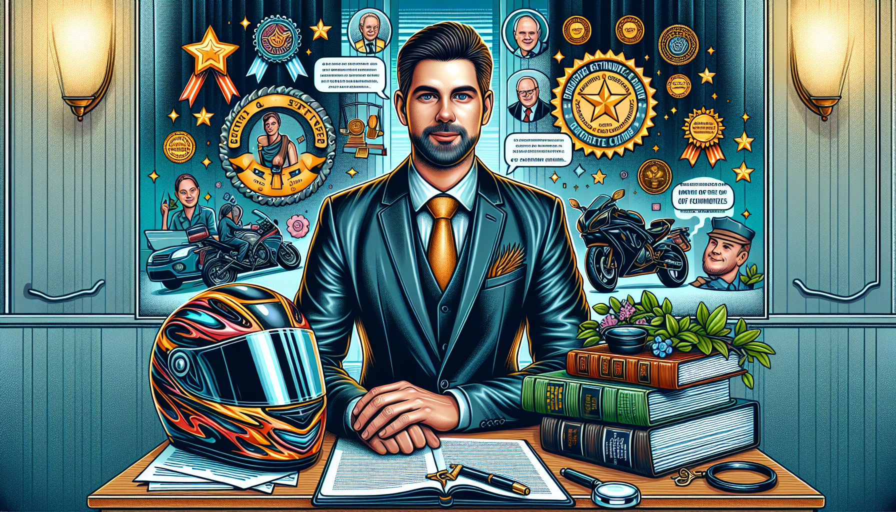 Detailed illustration of a confident and skilled motorcycle crash attorney in a courtroom, displaying attributes like deep knowledge of motorcycle culture and laws. Surround him with elements such as a motorcycle helmet, legal documents, and positive client testimonials glowing in the background. Highlight his experience and success rate through visual cues like badges or awards showcased in the office setting.