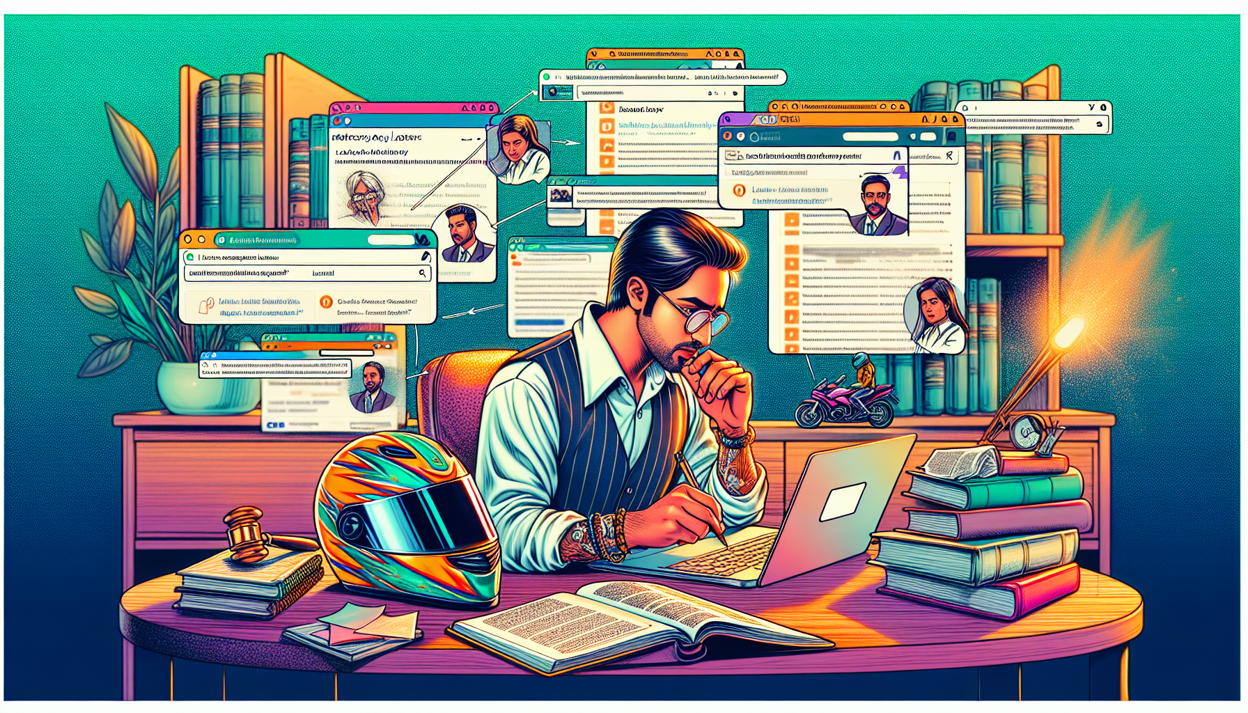 Detailed illustration of a person conducting an online search for motorcycle crash attorneys, showing multiple tabs open with directories and legal forums. The individual is in a home study, taking notes and highlighting questions on a document, with a motorcycle helmet visible in the background. The image also captures a virtual consultation happening on a laptop screen, where the person is asking questions to an attorney. Emphasize a friendly but professional interaction to reflect evaluation of communication skills.