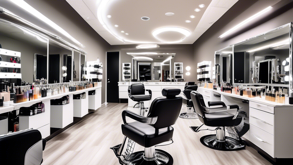 An impeccably organized salon station featuring essential tools and supplies for foil hair highlights: hair foils neatly stacked, bowls of different hair dye shades, brushes, combs, and clips, all laid out on a clean, polished counter. The background shows a well-lit, professional salon environment with styling chairs and mirrors, indicating a setting prepped and ready for the hair highlighting process.