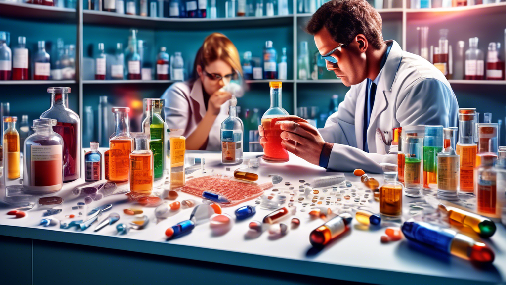 Detailed scientific laboratory setting illustrating researchers examining the inner mechanisms of a hangover prevention patch, with close-ups on the active ingredients and diagrams showing how it interacts with the human body, contrasted against a backdrop of traditional hangover remedies like pills and drinks.