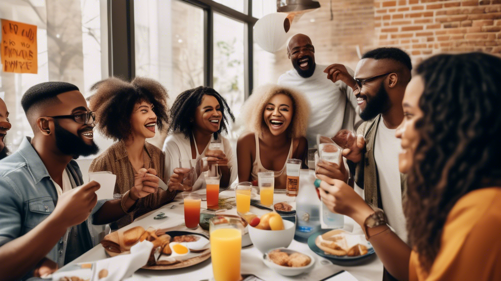 Image of a diverse group of people at a brunch the morning after a big celebration, looking refreshed and energetic. They are discussing and showing each other the hangover prevention patches they applied the night before. The scene includes a table with glasses of water and healthy breakfast items, and some people are comparing different types of hangover prevention products like pills and drinks. In the background, a banner reads 