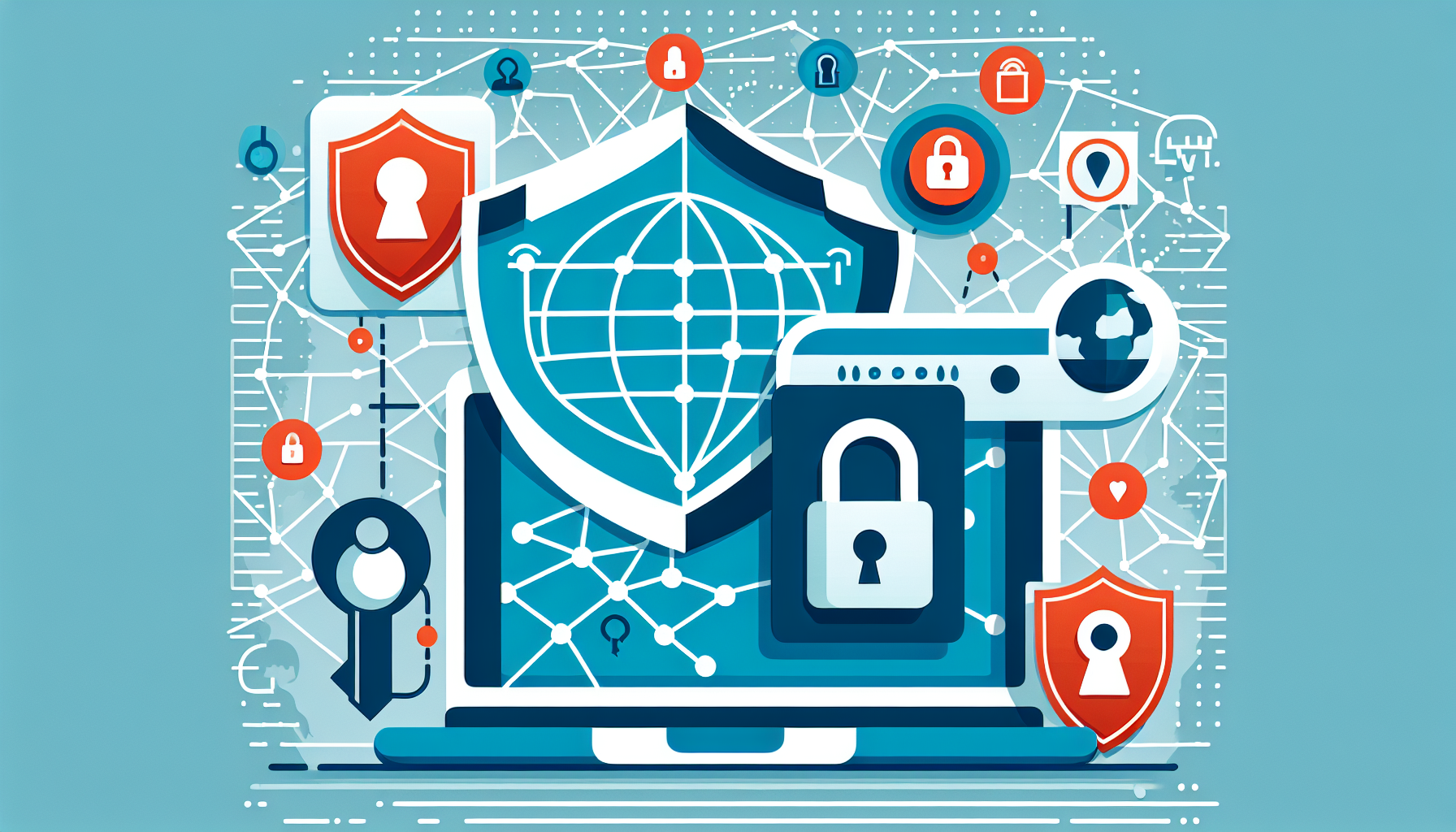 An image depicting the various advantages of using PureVPN for internet security, including a shield symbol representing privacy protection, a padlock symbol indicating encrypted data, and an icon of a globe with a key illustrating the unlocking of content and anonymous browsing. The background has a subtle digital network pattern to indicate the online environment, and the PureVPN logo is incorporated seamlessly.