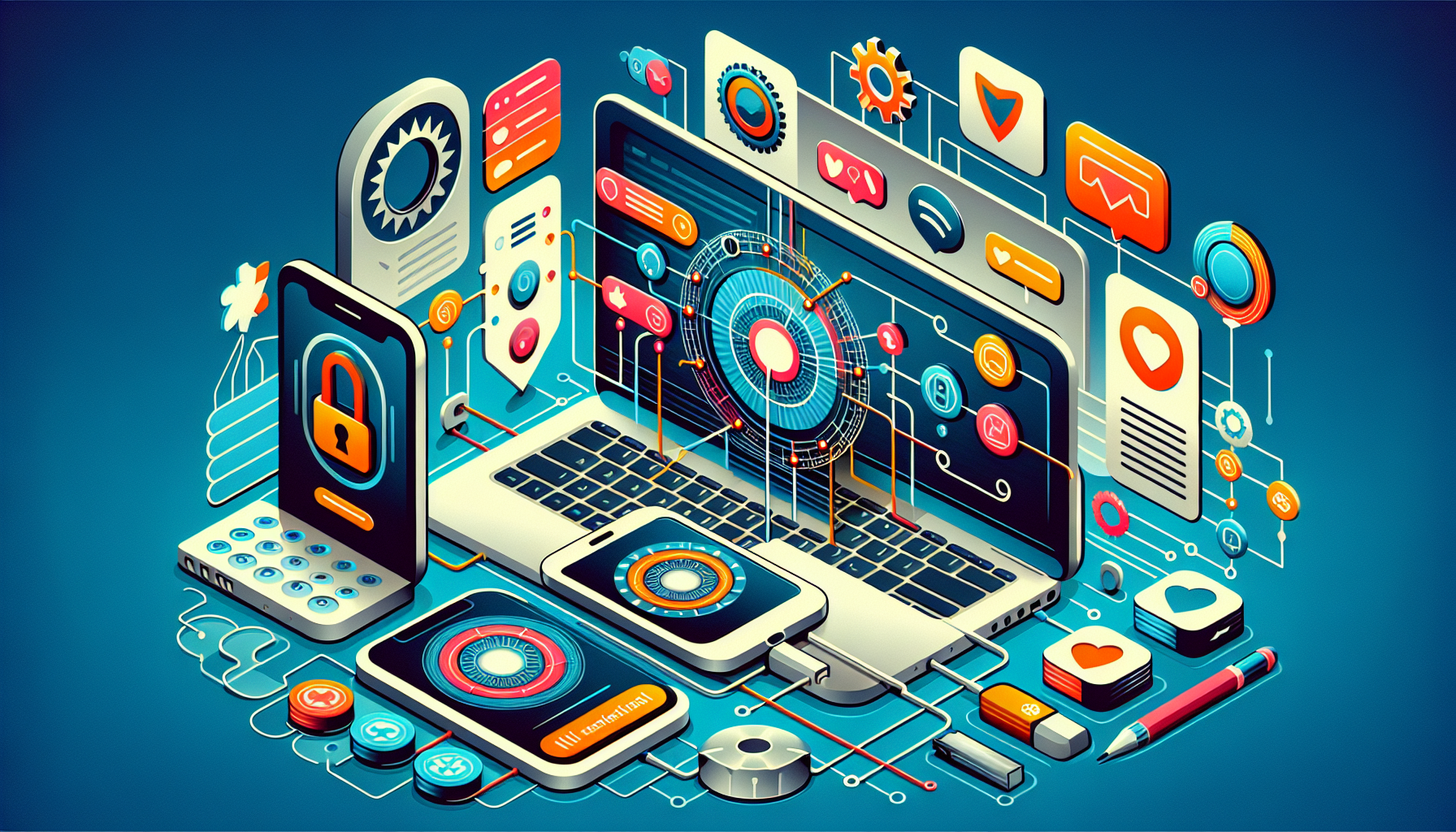 Create an image that showcases the steps for setting up PureVPN on various devices like a laptop, smartphone, and tablet. Include a visual representation of easy-to-follow installation and configuration steps, along with engaging icons and tips for troubleshooting. The background should be visually appealing and incorporate elements that suggest online security and privacy.