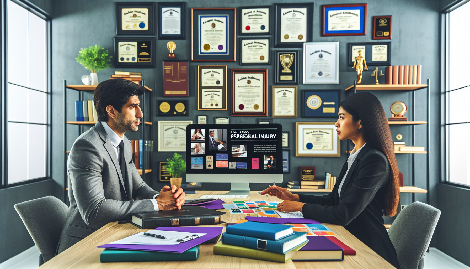 DALL-E, create an image of a professional conference room setting where an individual is consulting with a highly experienced personal and professional personal injury attorney. The setting includes visible diplomas, legal books, and awards, depicting the attorney’s qualifications. In the background, a computer screen shows a well-organized list of local bar associations and lawyer directories. The table has brochures about different case types like car accidents and medical malpractice, subtly emphasizing the lawyer’s specialized expertise.