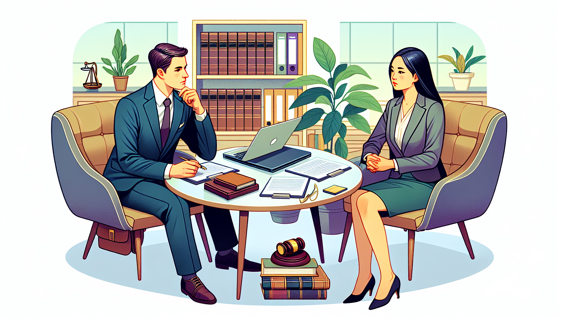 An illustrated image of a potential client sitting across from a personal injury attorney, inquiring about fee structures and communication styles during an initial consultation in a well-decorated law office setting.
