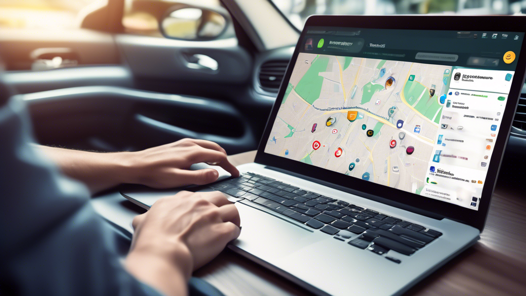 An image of a busy driver in front of a laptop screen, showing a variety of open tabs with search engines, specialized mobile apps, and mapping websites. The driver appears engaged and focused as they use technology to locate convenient DOT physical locations nearby. Icons of popular mobile apps, like MapQuest and specialized medical locator apps, are clearly visible on the screen. In the background, a smartphone on the table displays a forum page with user reviews and recommendations about different DOT physical facilities.