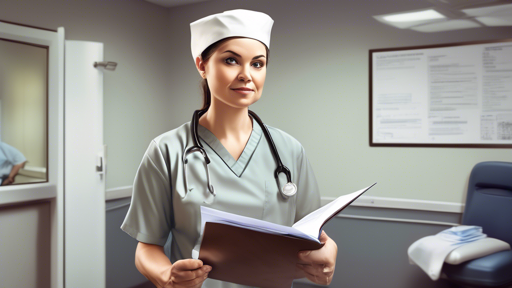 Prompt: Create an image of a commercial driver preparing for a DOT physical exam. The driver is at a clinic, holding a checklist of necessary documents and wearing a calm, collected expression. The background should show a waiting room with medical certificates on the wall and a nurse ready to guide the driver to the exam room. The atmosphere should be professional and reassuring, emphasizing the importance of the physical exam for health and safety compliance.
