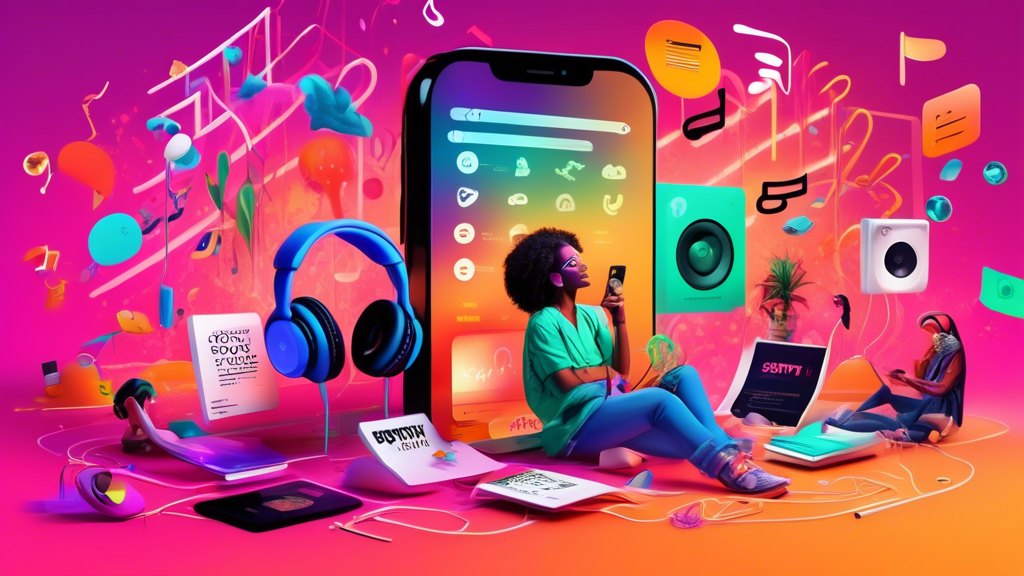 An energetic and colorful scene showing a person engaging with their Spotify app on a smartphone, surrounded by floating musical notes, album covers, and icons representing 