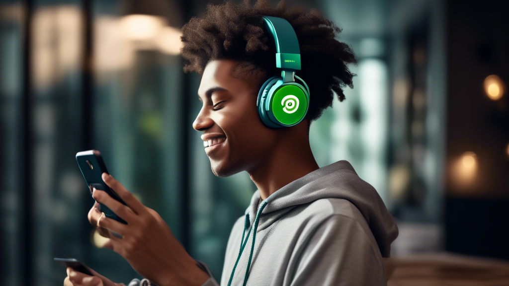 An image showing a person enjoying music through high-quality headphones while looking at their smartphone, which displays Spotify with an ad-free interface, highlighting features like 