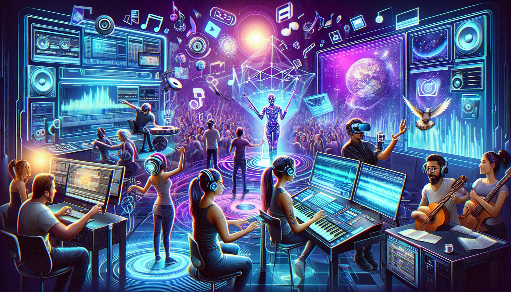Create an image of a futuristic digital studio where musicians and composers are using advanced technology to create and distribute library music. The studio should have holographic screens, VR headsets, and AI assistants. Include elements that show modern trends in media consumption, like social media platforms, streaming services, and virtual concerts. The atmosphere should be innovative and dynamic, reflecting the future evolution of library music in the media landscape.
