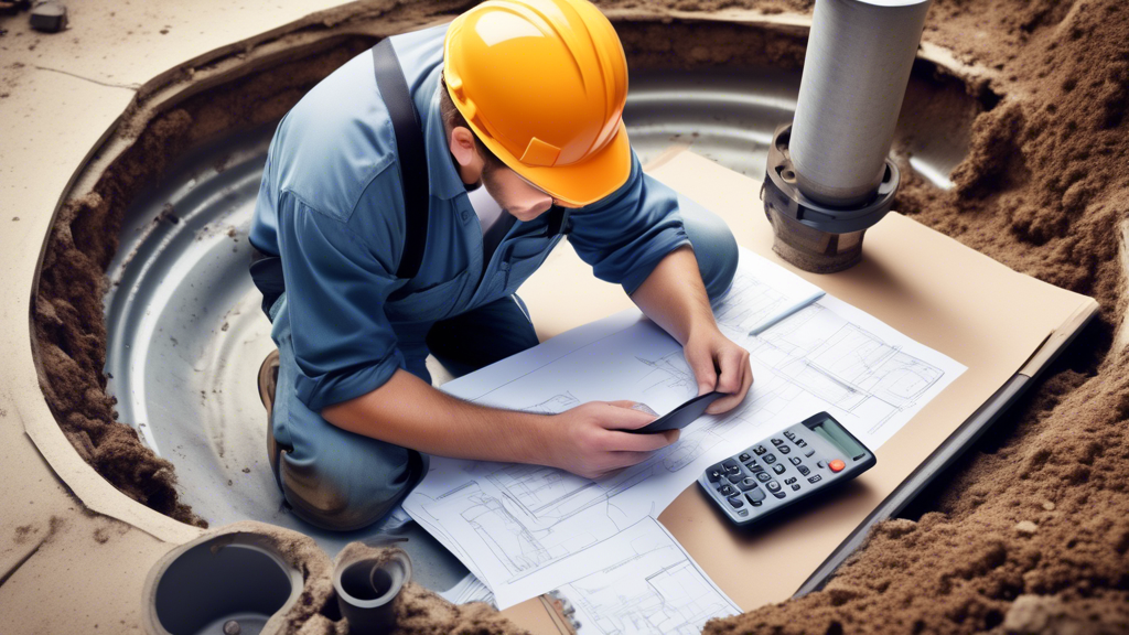 Create an image that visually represents the process of estimating sewer line replacement costs. Show a professional plumber using modern technology, such as a camera inspection tool, to examine underground sewer lines. Include elements like a clipboard with notes, a broken section of pipe being highlighted, and a calculator, symbolizing cost estimation. Make sure the setting is a typical suburban neighborhood, providing context and relevance to homeowners. The overall feel should be professional and informative. Text overlay: Accurate Estimation: Roto Rooter Sewer Line Replacement Cost.