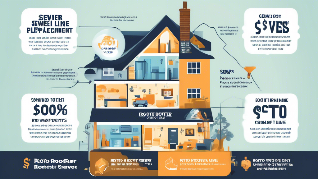 Create an image that illustrates potential savings on Roto Rooter sewer line replacement costs. Depict a homeowner comparing various financing options, payment plans, and contractors. Show a graphical comparison of Roto Rooter versus other service providers and include icons or symbols representing preventative maintenance measures such as a drain snake, tree root barrier, and regular inspections. Ensure the scene is informative and visually engaging, using elements like charts and checklists to convey data and tips visually.