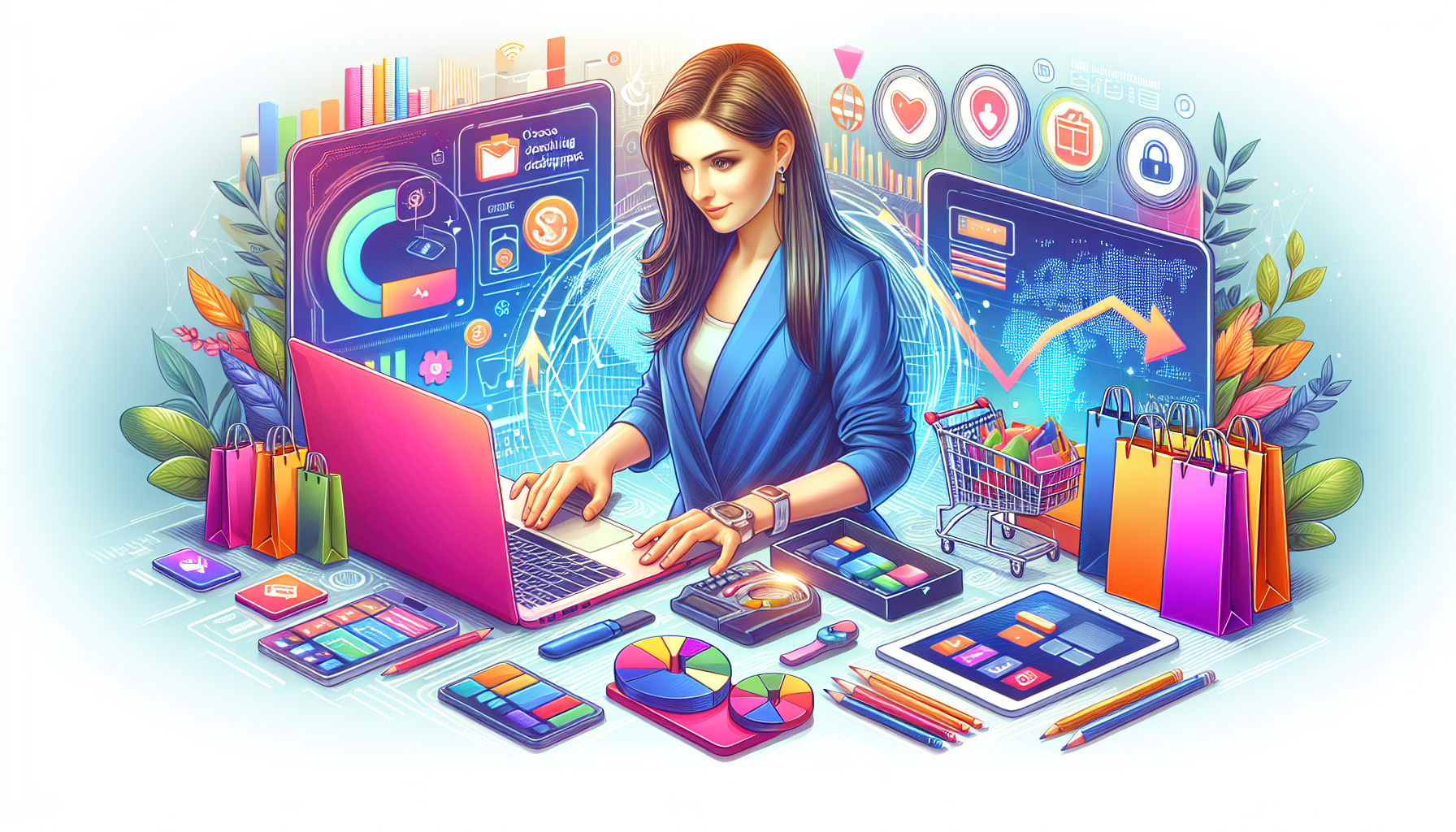 A vibrant digital illustration showing a young entrepreneur setting up an online store for dropshipping in 2022. The person is surrounded by various technological gadgets like a laptop, tablet, and smartphone, showcasing the steps of choosing a niche, sourcing products, and using platforms like Shopify and WooCommerce. The background includes icons and graphics symbolizing e-commerce success, such as a shopping cart, a globe representing international sales, and charts indicating rising profits. Highlight the ease and excitement of entering the e-commerce market with a modern, user-friendly design.