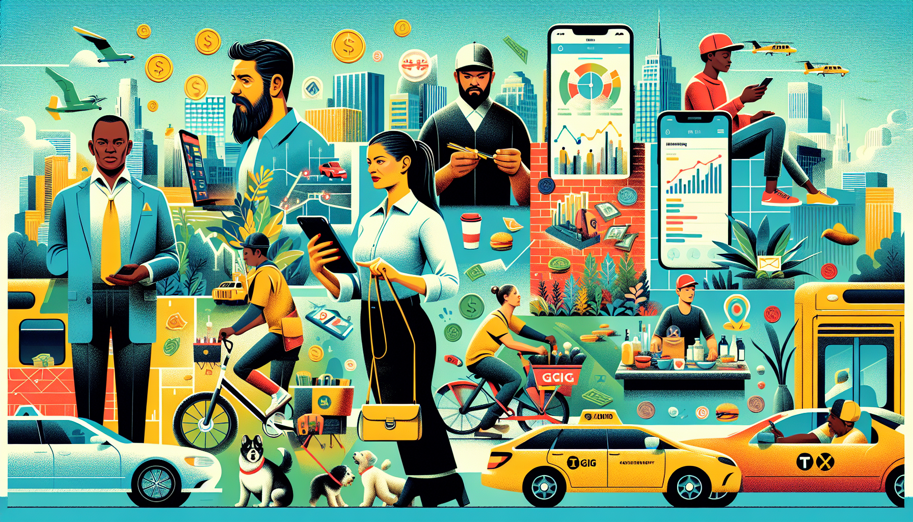 Create an image showcasing a collage of various gig economy jobs that reflect modern side hustles in 2022. The collage should include visuals of a person driving for a ride-sharing service, delivering food on a bike, and walking dogs, with elements that represent earnings potential such as monetary icons or graphs. The setting should be a dynamic urban environment to capture the bustling nature of gig work. The image should also reflect tips for maximizing income by illustrating efficient time-management tools like a smartphone calendar or a to-do list application. Please include subtle yet clear references to balancing these side hustles with full-time work, perhaps by showing a person multitasking or seamlessly transitioning from one gig to another.
