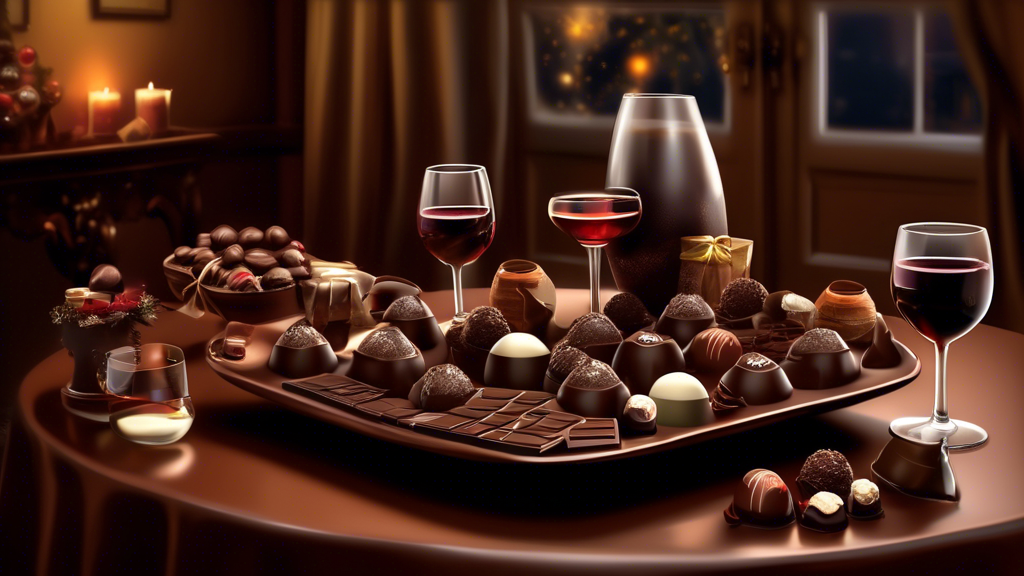 An elegant chocolate tasting table set with a variety of Lindor truffles ranging from classic milk chocolate to exotic seasonal flavors, paired with various beverages like wine and coffee, in a cozy, ambient setting for an after-dinner experience.