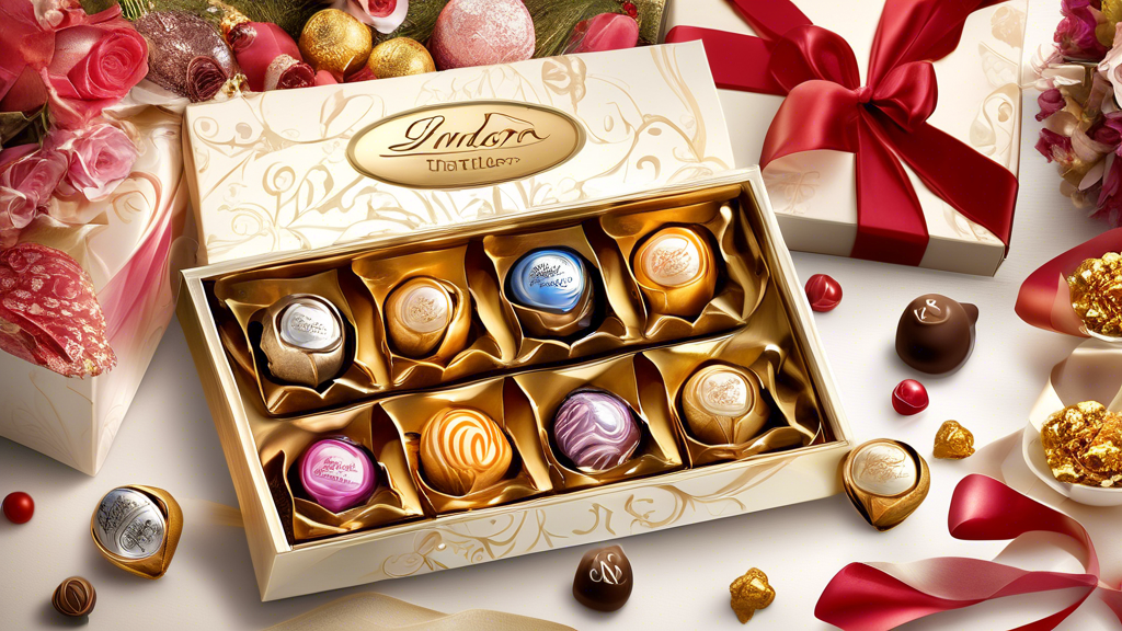 An elegant display of various Lindor truffles artfully arranged in a luxurious gift box, highlighting their appeal as a popular choice for special occasions. The scene captures the rich, glossy textures of different flavored truffles, showcasing their melt-in-the-mouth quality and the joy of someone about to savor one.