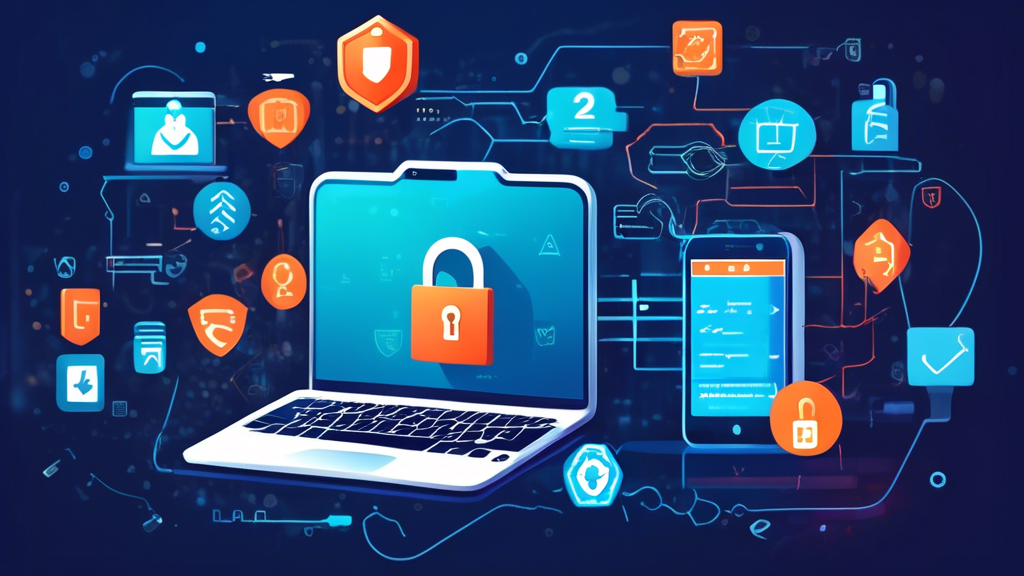 Create an image that features a modern digital security setup with elements such as a laptop displaying a two-factor authentication prompt, various security software icons (like anti-malware), and notifications about software updates. The background should depict a secure digital environment, perhaps using padlocks, shield icons, and other symbols of cybersecurity to emphasize the theme of advanced security tools and software.