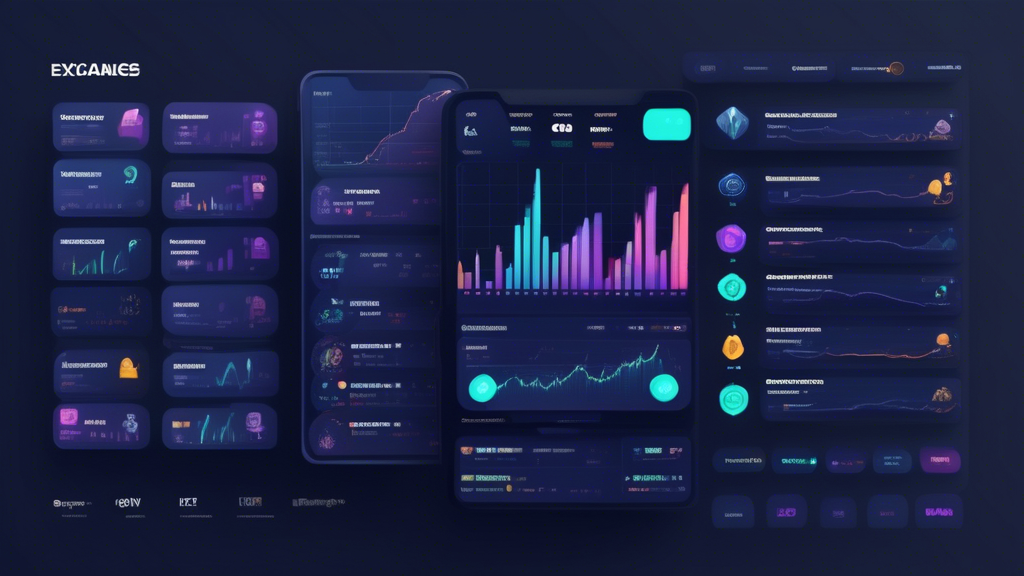 Create a detailed illustration comparing top crypto exchanges with a focus on their pros, cons, unique features, trading volumes, liquidity, and regional restrictions. Include the logos and user interfaces of leading exchanges such as Binance, Coinbase, and Kraken, alongside visual elements representing key factors like security, fees, and regulations. Depict charts or graphs showcasing trading volumes and liquidity, with a world map highlighting regional restrictions and regulations.