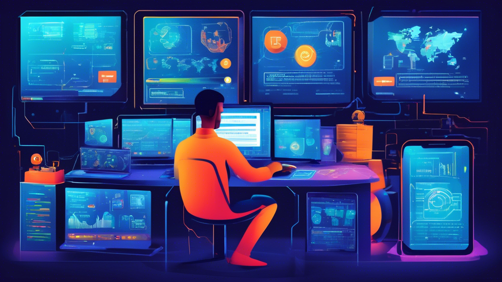 Create a DALL-E prompt for an image that relates to outline point #3:

An engaging illustration showing a person using a computer with multiple screens displaying various advanced trading tools, automated bots, and a secure login process involving two-factor authentication and cold storage. The background includes vibrant graphs and notifications updating in real-time, symbolizing staying informed in the fast-paced crypto space. Keywords: best crypto exchange, security, advanced trading, real-time updates.