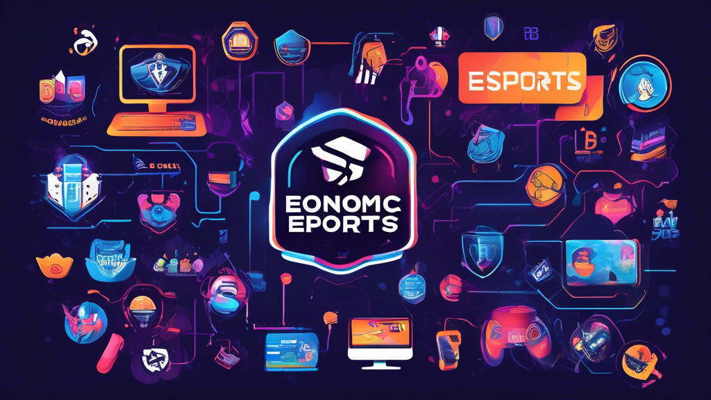 Create an image depicting the economic impact of esports tournaments. Show multiple revenue streams like sponsorships, advertising, merchandise, and ticket sales through visuals such as logos of major brands, ads on streaming platforms, crowds of fans at events, and merch booths. Include key organizations, teams, and stakeholders with icons or logos, alongside visuals representing job creation and career opportunities in the esports industry. Make the scene vibrant to capture the thriving economic environment surrounding esports.