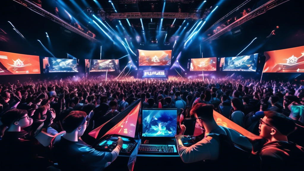 A dynamic visual scene of an esports tournament: a diverse crowd is engaged and cheering, with advanced streaming technology visible in the background. Capture the vibrant community and fan culture, as well as the global nature of the event with flags or symbols representing different countries. Show the latest gaming hardware and professional players engrossed in intense gameplay on stage. The setting should convey a high-tech, globally connected atmosphere, highlighting the elements fueling the popularity of esports tournaments.