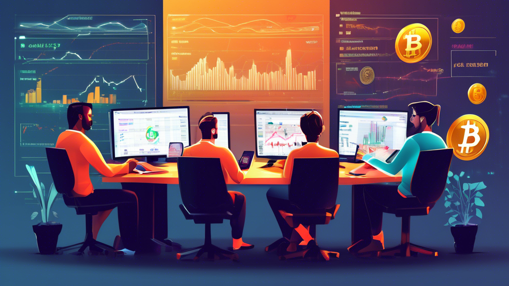 Create an image depicting a cryptocurrency trading strategy session: A diverse group of people gathered around a large table covered with charts, laptops, and mobile devices showing cryptocurrency market data. The scene includes visual representations of popular trading strategies like HODLing, day trading, and swing trading. Additionally, include elements that highlight risk management, such as balance scales with coins, locks, and educational tools like books and graphs. The setting is modern and technologically advanced, reflecting the digital nature of cryptocurrency.