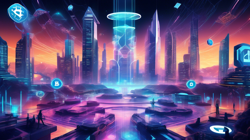 Create an image of a futuristic digital landscape showcasing the top cryptocurrency exchange platforms of 2023. Depict prominent, sleek buildings or structures labeled Binance, Coinbase, and Kraken with visual elements representing advanced technology and security. Include holographic displays, glowing interfaces, and a diverse group of users engaging with these platforms. The overall scene should convey innovation, reliability, and the cutting-edge nature of these crypto exchanges.