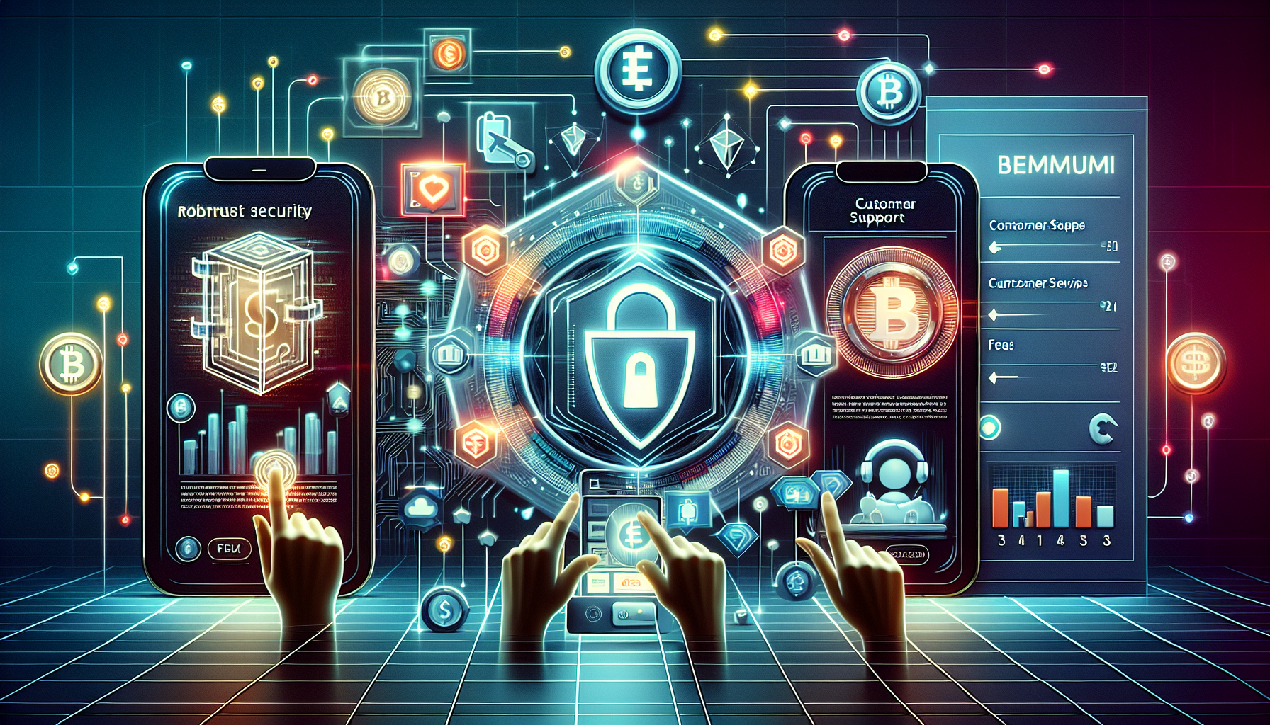 Create an image that highlights the key criteria for choosing the best crypto exchange. The scene should depict three main aspects side by side: 

1) A high-tech digital vault or shield symbolizing strong security measures, with visual elements like locks, chains, or cybersecurity graphics.
2) A happy user operating a smooth, user-friendly interface on a laptop or smartphone, with customer support icons or people ready to help.
3) A comparison chart displaying fees and transaction costs, emphasizing finding the best rates with dollar symbols and charts.

The background should have a modern, futuristic style with elements of digital finance and cryptocurrency logos. 

Text overlay: Критерии выбора лучшего криптовалютного обменника