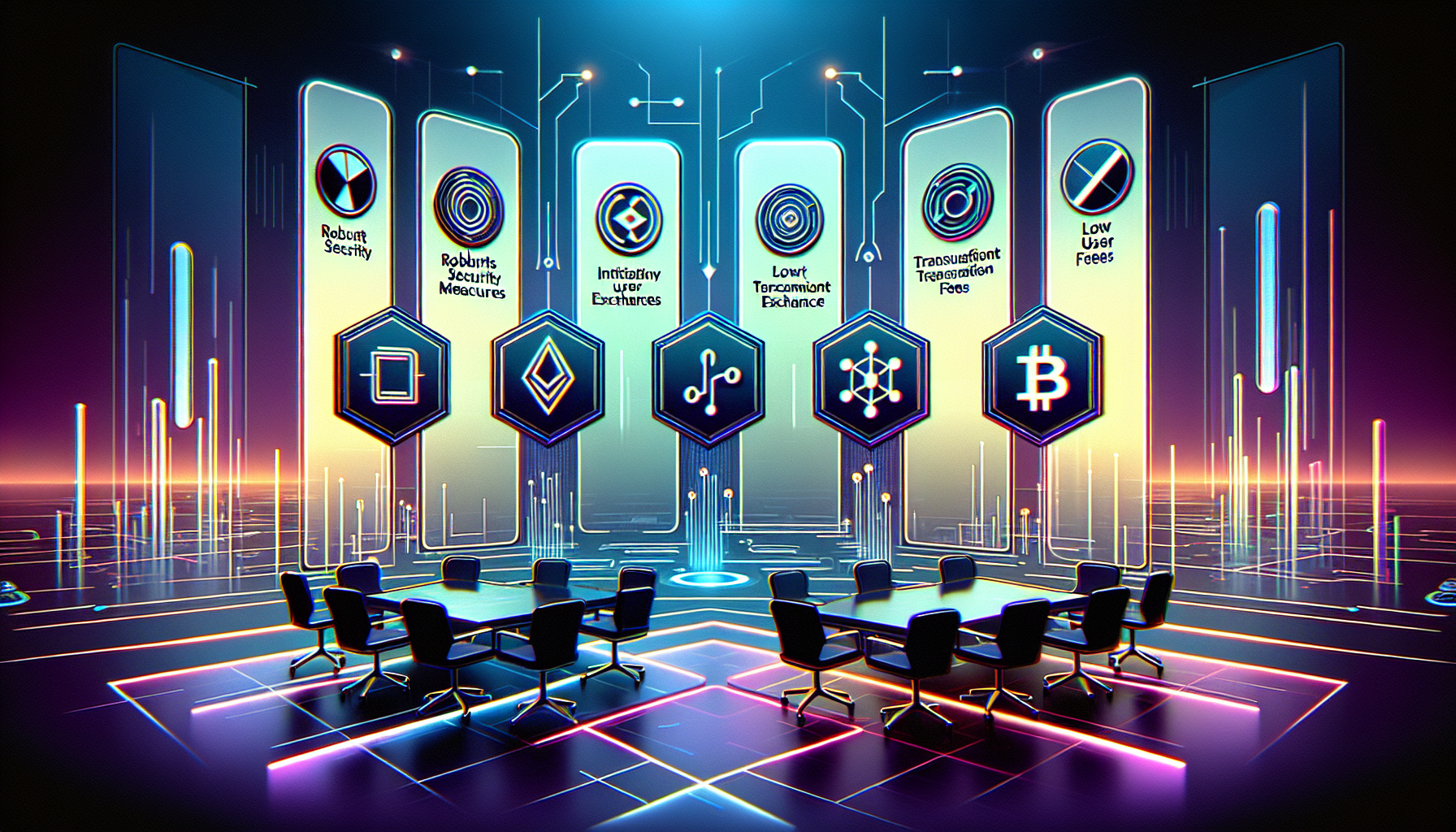 Create an image in a modern, high-tech style showcasing the top 5 crypto exchanges of 2023. The image should feature sleek logos of the leading crypto exchanges, with brief highlights of their main features, such as security measures, user experience, and transaction fees. Use a visually appealing layout with clean lines and futuristic elements to emphasize the cutting-edge nature of the crypto industry. Keywords: best crypto exchange, top crypto exchanges 2023, high-tech, modern, secure, user-friendly.