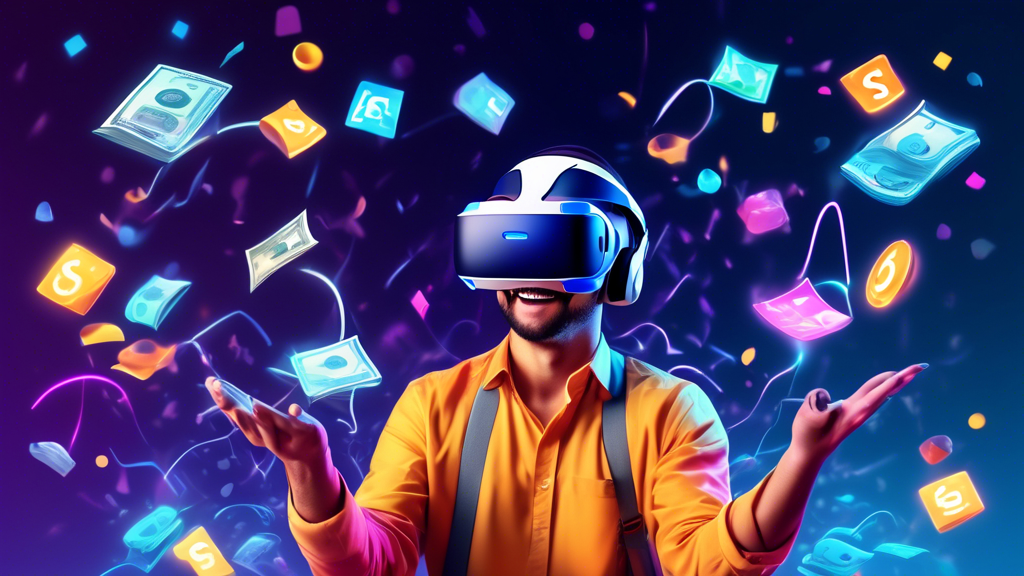 Create an image depicting a person looking excited while using the PSVR 2 headset, surrounded by floating holograms of dollar signs, feature icons, and comparison charts with other VR systems. Include expert review snippets and star ratings in the background to represent the evaluation of value for money.