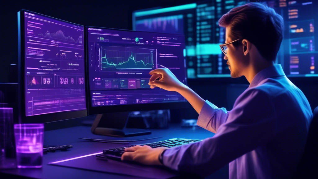 Create an image showing a person using a computer with the Yahoo Crypto Screener interface clearly visible on the screen. The interface should display various cryptocurrencies, key metrics, and analytical tools. Around the person, include visual tips and icons that highlight step-by-step guidance and important data analysis such as charts and graphs. The background should convey a financial or tech-savvy environment to emphasize informed investment decisions.