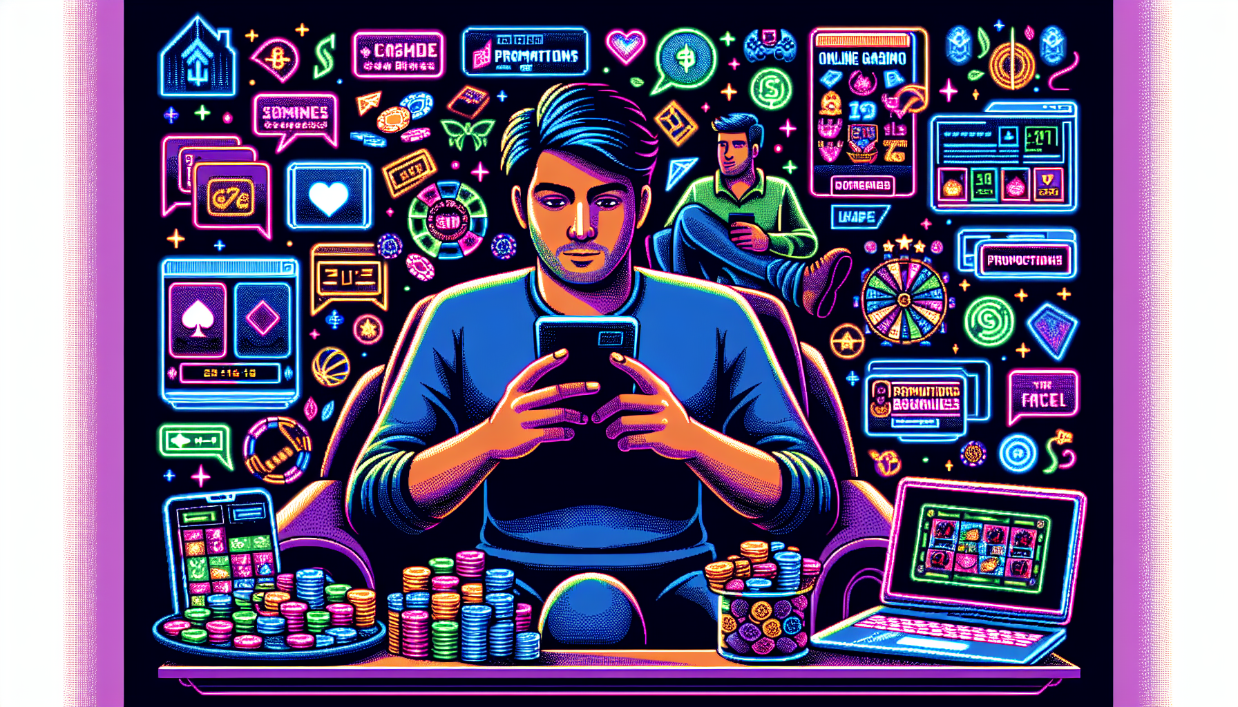 Prompt for DALL-E:

Create an intricate digital illustration that highlights the factors driving the surge in online gambling popularity. Show a person comfortably playing a variety of online casino games on a smartphone and a laptop in a cozy home environment. Include elements like eye-catching promotions, bonuses popping up on the screens, and a diverse array of game icons (such as cards, slots, and sports betting). The person should look engaged and relaxed, conveying the convenience and appeal of online gambling accessibility.