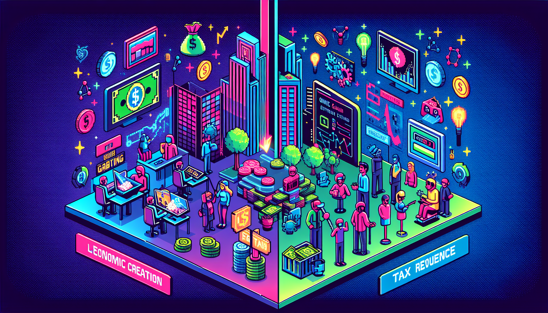 Create an image depicting the multifaceted impact of online gambling on society. Include vibrant visuals illustrating economic contributions, such as job creation and tax revenue with icons like money and office buildings. Show social implications with a split-screen effect: one side with happy, engaged players enjoying themselves, and the other side highlighting potential risks like addiction with a concerned figure and warning signs. In the background, add elements symbolizing future trends like virtual reality headsets and blockchain icons to represent technological advancements. Ensure the composition is balanced to cover all aspects effectively.