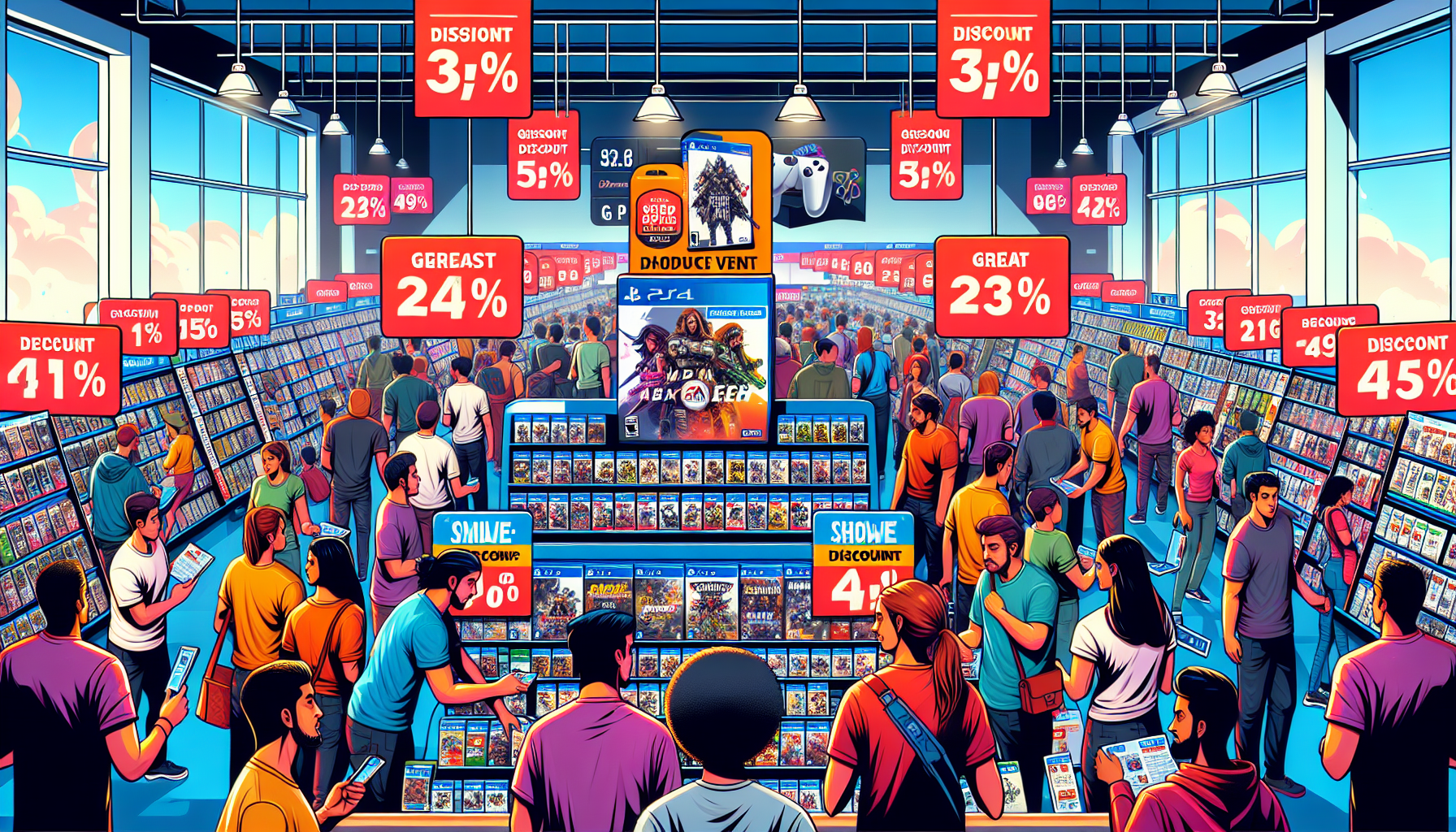 Create an image depicting a vibrant Black Friday sale at a bustling electronics store, showcasing a variety of popular PS4 games with prominent discount tags. Ensure titles like 