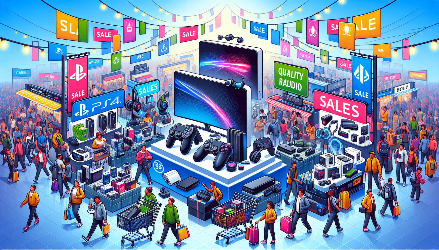 Create an image that showcases an exciting Black Friday scene full of PS4 accessories on sale. Highlight various essential PS4 accessories such as DualShock 4 controllers, charging stations, high-quality gaming headsets, VR kits, and external storage devices. The background should be energetic with Black Friday sales banners, shopping carts loaded with PS4 gear, and excited shoppers grabbing these deals. Use bold colors and a festive atmosphere to capture the thrill of Black Friday shopping for PS4 accessories.