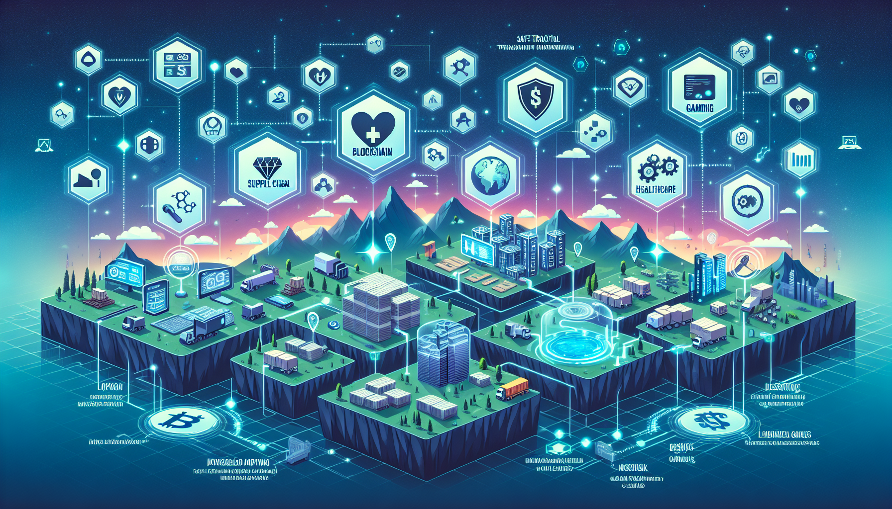 Create an image that illustrates the integration of blockchain technology in various industries in 2023. Depict a diverse landscape featuring different sectors such as supply chain, healthcare, and gaming, each represented by futuristic icons and graphics. Show examples of successful blockchain use, like secure digital records in healthcare, transparent transaction tracking in supply chains, and decentralized gaming platforms. Highlight leading companies investing in blockchain technology with their logos subtly integrated. The overall style should be modern and tech-oriented, with a global perspective.