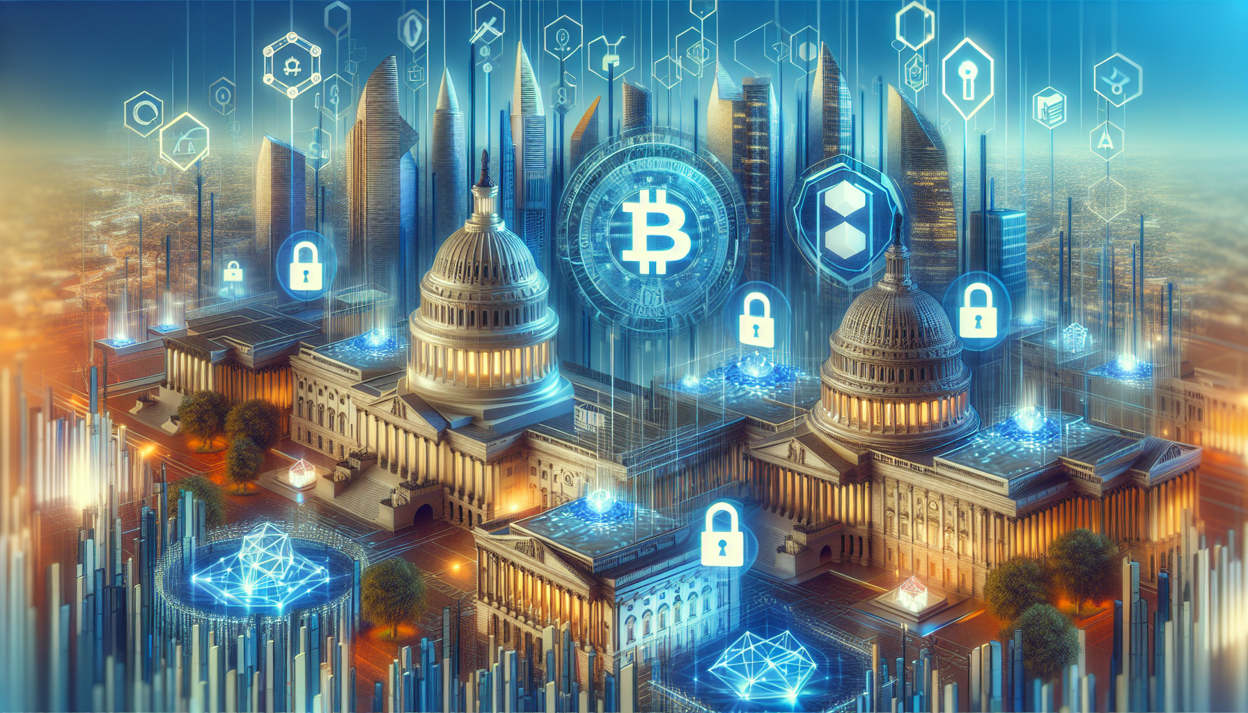 Create an image depicting the evolving regulatory landscape for cryptocurrencies in 2023. The scene should include a conceptual blend of global landmarks to represent various leading countries in crypto regulations, such as the US Capitol, European Parliament, and Asian architectural elements. Overlay this with digital elements like blockchain chains, padlocks, and security shields to symbolize enhancements in cybersecurity measures. The environment should look modern and high-tech, highlighting the balance between regulation and innovation in the crypto space.