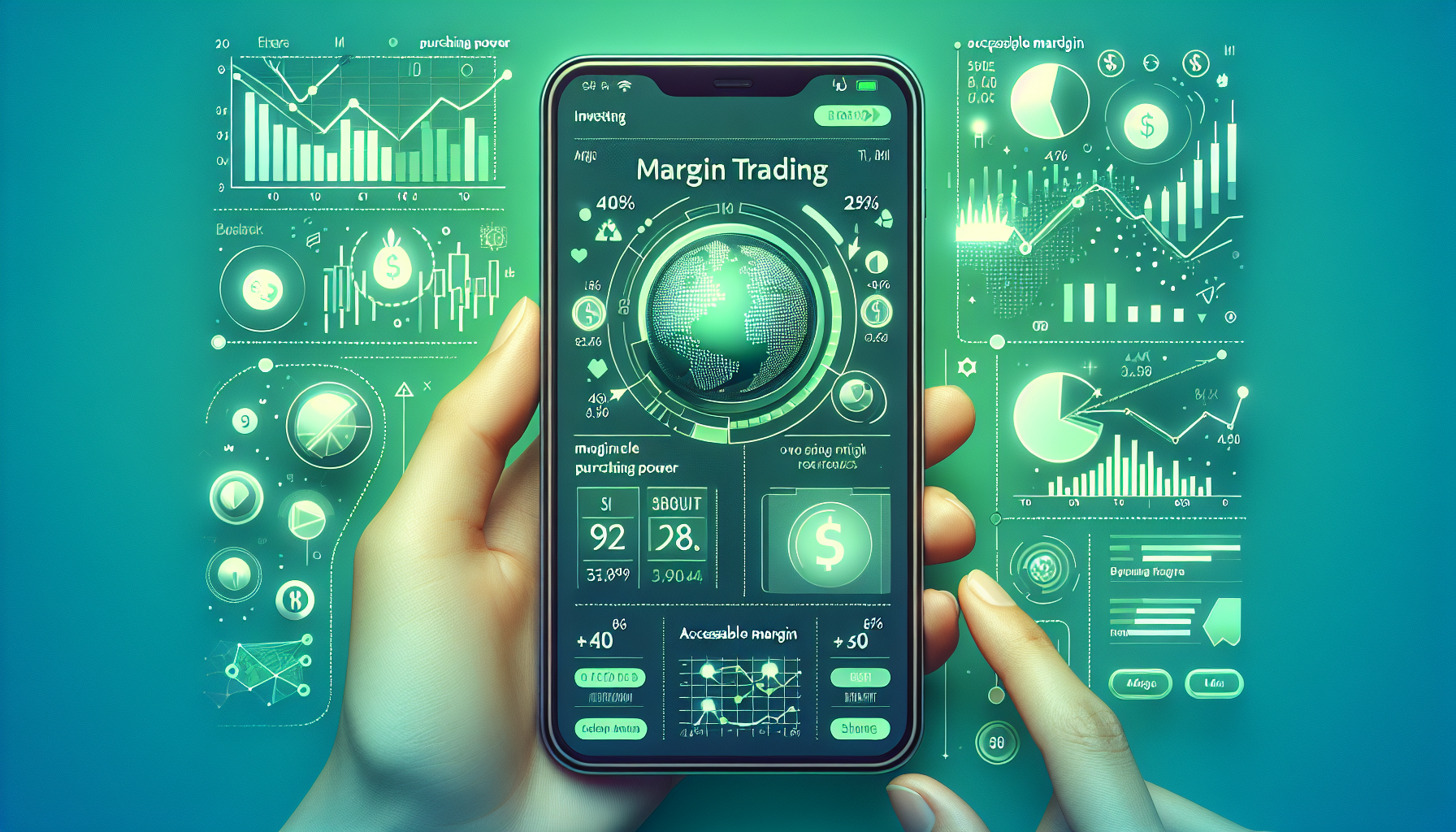 Create an image featuring a modern, sleek interface of the Robinhood app on a smartphone, with a focus on the margin investing section. The screen should display a clear visualization of how margin investing works: buying power, available margin, and potential leverage. Surrounding the phone, include graphical representations of key elements like stocks, market trends, and financial charts, highlighting the dynamic and active nature of margin investing. Ensure the visual aesthetic is clean and professional, using Robinhood