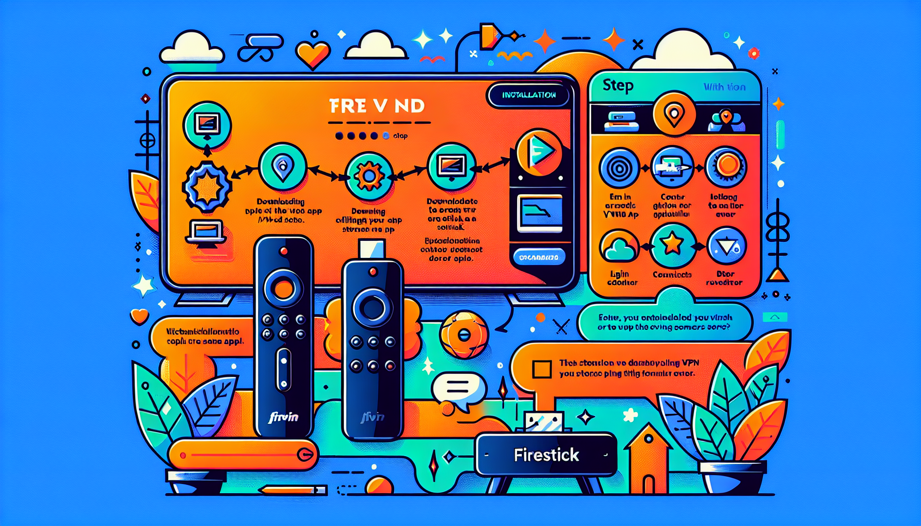 Create an image that illustrates a step-by-step guide for installing a free VPN on a Firestick. Show a friendly, easy-to-understand infographic with a Firestick device, a TV screen displaying the Firestick interface, and icons representing the installation steps. Include labels and simple instructions for each step, such as downloading the VPN app, entering login credentials, and connecting to a server. Use vibrant colors and a clean layout to make the guide visually appealing and straightforward. 

Keywords to consider: free VPN for Firestick, installation guide, step-by-step instructions, user-friendly, infographic.