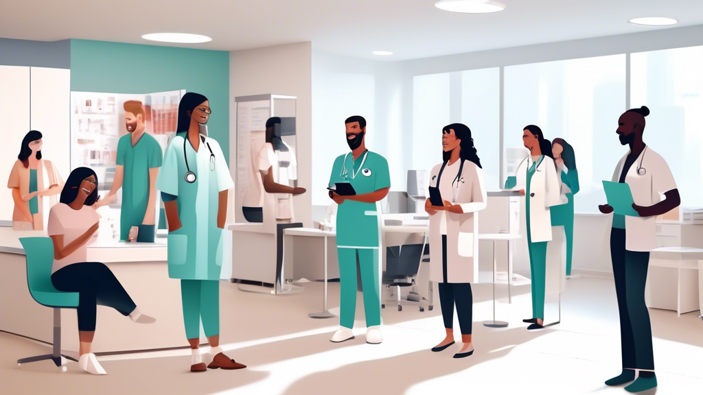 Create an image showing a diverse group of people at a modern medical clinic. They are relaxed and smiling, engaging with friendly medical professionals. The clinic environment should emphasize efficiency and convenience with clear signage indicating DOT Exam Express Services, minimal waiting lines, and various examination rooms. Include elements that suggest comprehensive health assessments, such as medical charts, digital devices, and a well-organized pharmacy section. The overall atmosphere should be welcoming, efficient, and easily accessible.