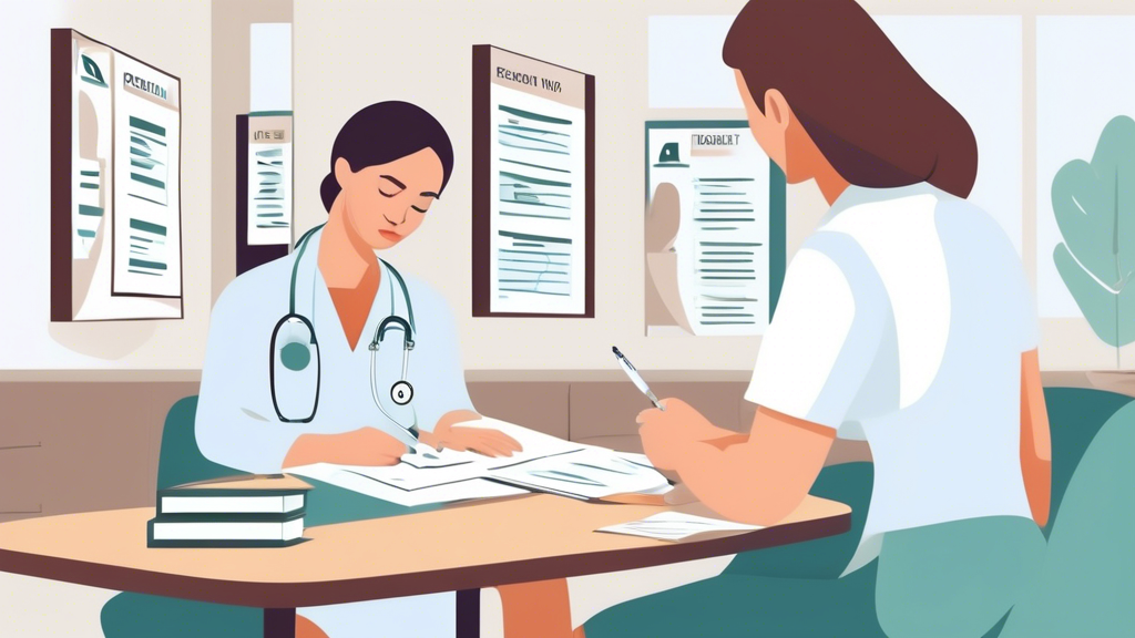 Prompt for DALL-E:Create an image depicting a person preparing for their DOT Exam Express appointment. The scene should include a checklist of essential documents like medical history forms and identification, a friendly medical professional explaining the process, and a serene clinic environment that suggests efficiency and comfort. Incorporate visual cues such as a clock to signify promptness and a clipboard to emphasize organization and preparation.