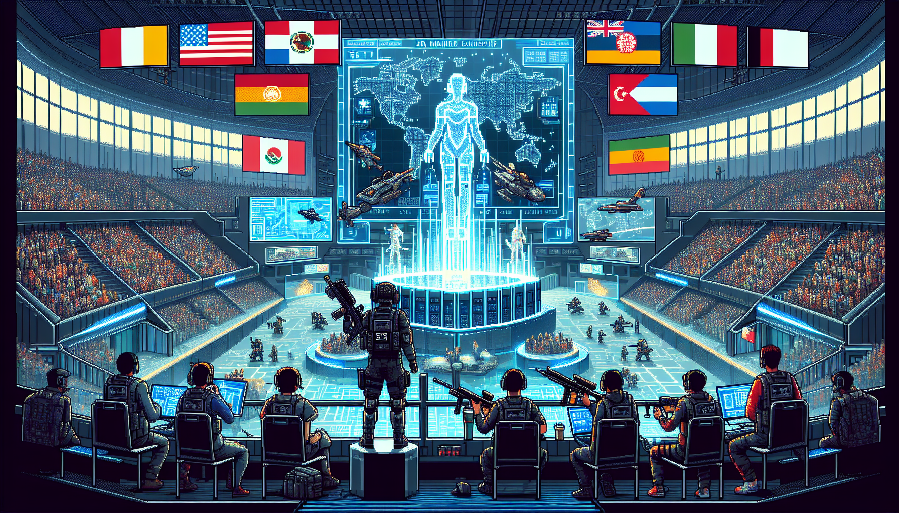 Create an image showcasing the future of Valorant esports. Depict an epic championship tournament with advanced holographic displays, global participant flags, and a massive, high-tech arena packed with enthusiastic fans. Include futuristic elements like enhanced virtual reality interfaces and players using cutting-edge gaming gear. Highlight a diverse group of competitors from new regions, embodying the game