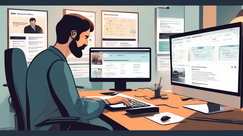 An illustration of a person using a computer in a cozy, well-lit office, meticulously browsing through Vimeo searching for Lancaster boat accident lawyers. The screen displays a detailed Vimeo interface with clearly labeled search and filter options, along with a selection of lawyer videos. Additionally, show another screen displaying viewer comments and engagement metrics under a lawyer