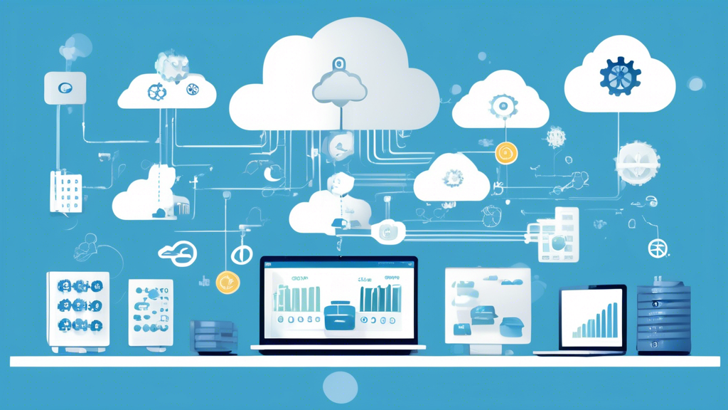 Create an image that portrays the concept of Kosten- und Ressourceneffizienz mit Cloud Backup. The image should include visuals of a cloud symbol seamlessly connected to various business devices such as computers and servers. Depict a graph or chart showing cost savings, and include icons that represent scalability and low maintenance, like gears and dollar signs. The overall theme should convey how cloud backup leads to reduced costs and efficient resource management for businesses.