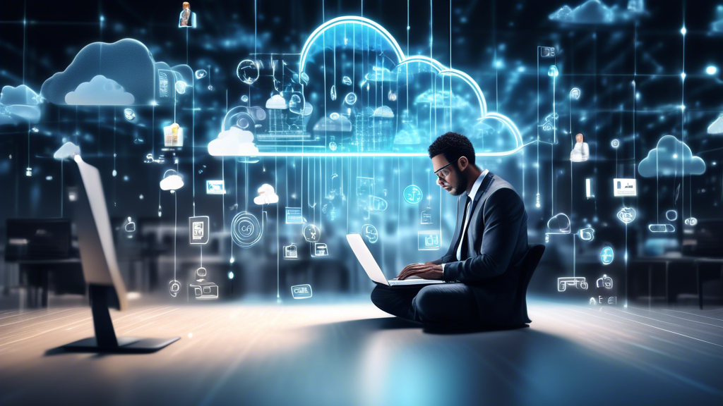 Create an image that depicts a business professional quickly and easily recovering data using a cloud backup system. Show a person accessing their data from a laptop while sitting in a modern office environment, with holographic icons representing cloud storage and data recovery processes around them. Emphasize the seamless and efficient nature of cloud backup with visual elements that suggest speed, accessibility, and reliability.