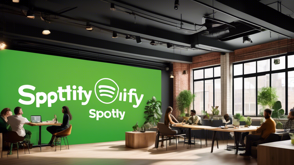Generate an image that illustrates businesses successfully using Spotify ads. The scene should feature a diverse group of small business owners excitedly discussing their advertising results in a modern, collaborative workspace. Display charts and graphs on a wall or digital screen showing positive trends and key performance metrics. Include branding elements of Spotify, such as the logo or the iconic green color to emphasize the focus on Spotify advertising.