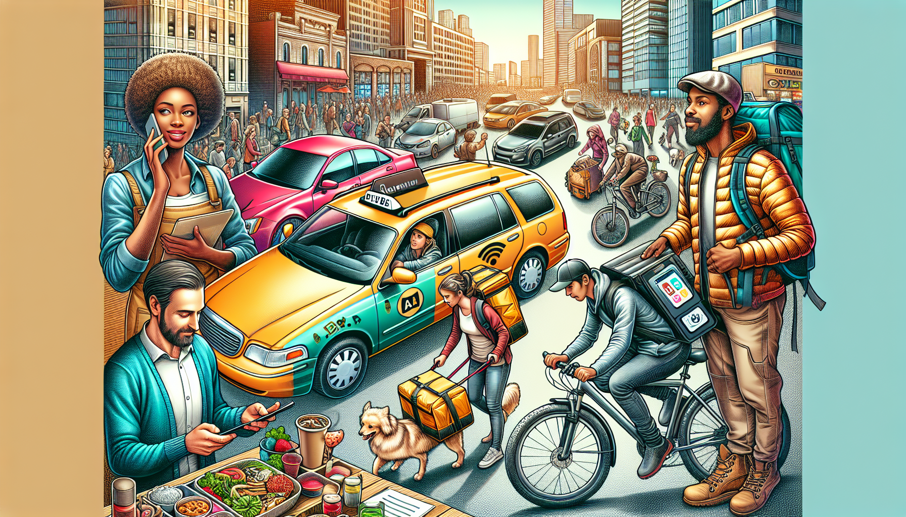**DALL-E Prompt:** An illustration of a diverse group of people engaging in various gig economy jobs. One person is driving an Uber or Lyft car, another is delivering food on a bike with a DoorDash/Postmates bag, and another is walking dogs while checking their phone for orders. The background should show a bustling urban environment to emphasize the flexibility and quick earnings of gig economy jobs. Include elements like app interfaces or logos subtly integrated into the scene for visual context. The overall mood should be energetic and optimistic, highlighting the advantages of these side jobs for making extra money.